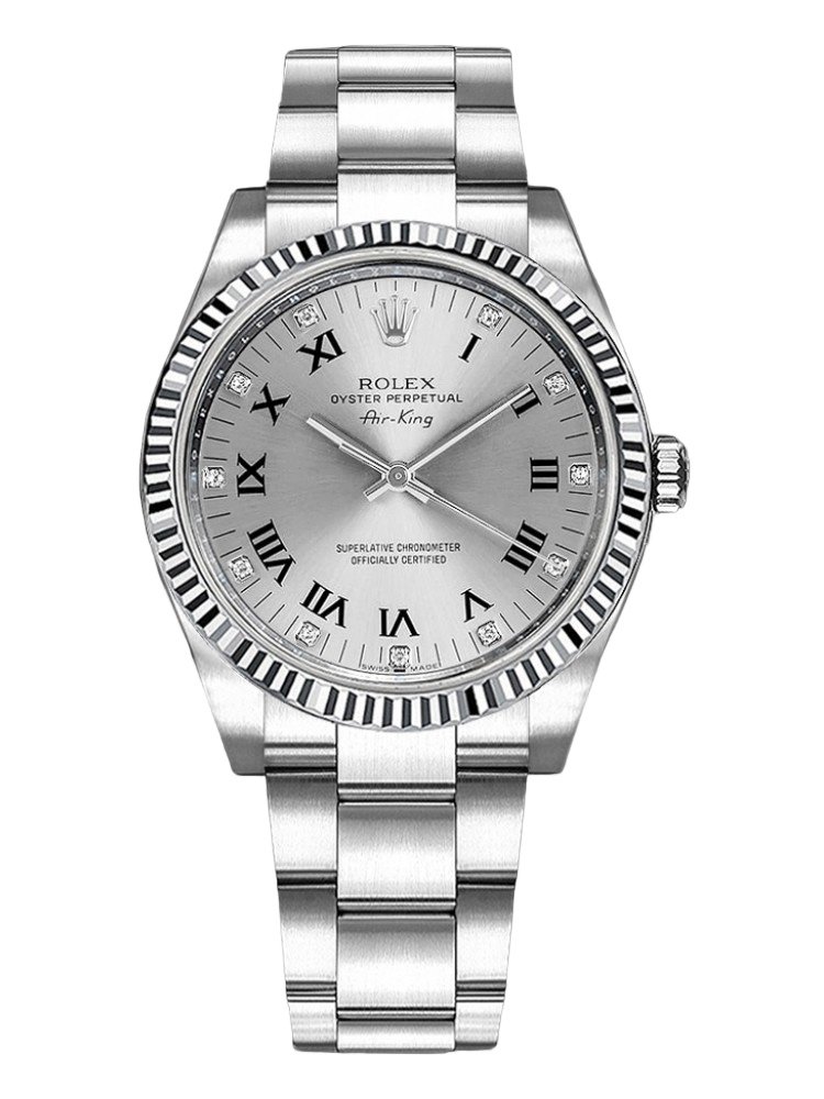 0d09ebad1b08d7e9d3e1732a2c4e92f174f2019421f7e91f37bb542fb206985e.jpg Rolex Oyster Perpetual Air-King 114234 Silver Roman Diamond Dial 34mm Watch - Image 1