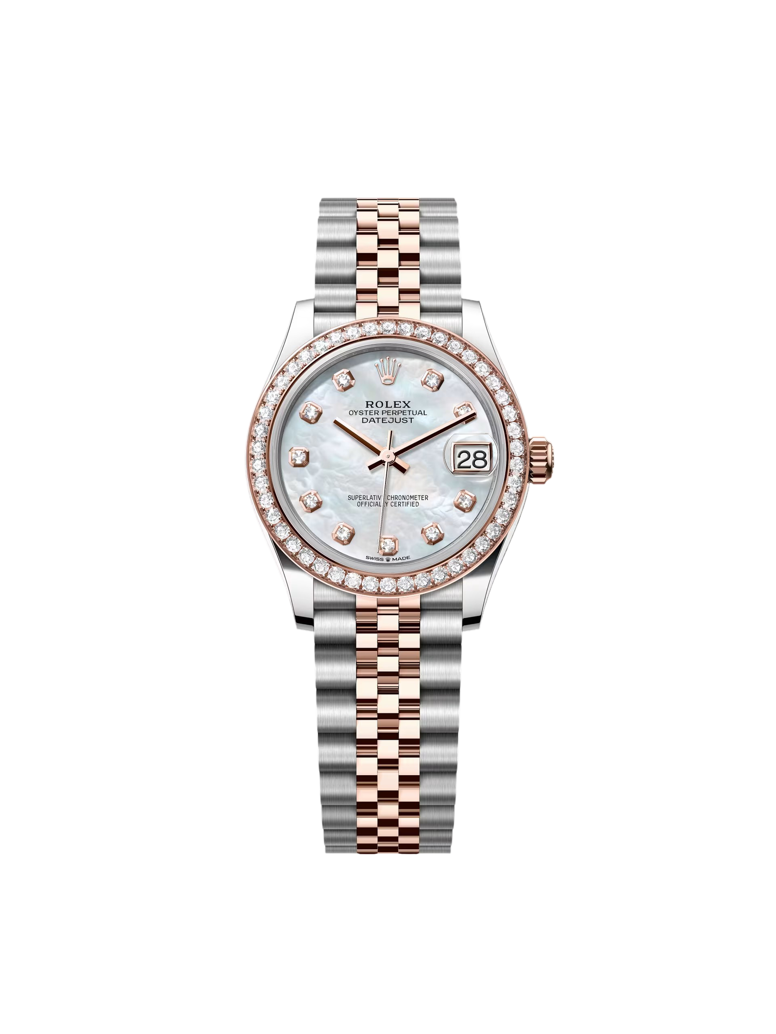 1039ca56c896b556c0418c356d4dc9cb73df5164c588b29e0d380e17bfe67b6a.png Rolex Datejust m278381-0025/0026 Mother-of-Pearl Diamond 31mm Dial Diamond-Set Bezel and Oyster Bracelet Watch - Image 1