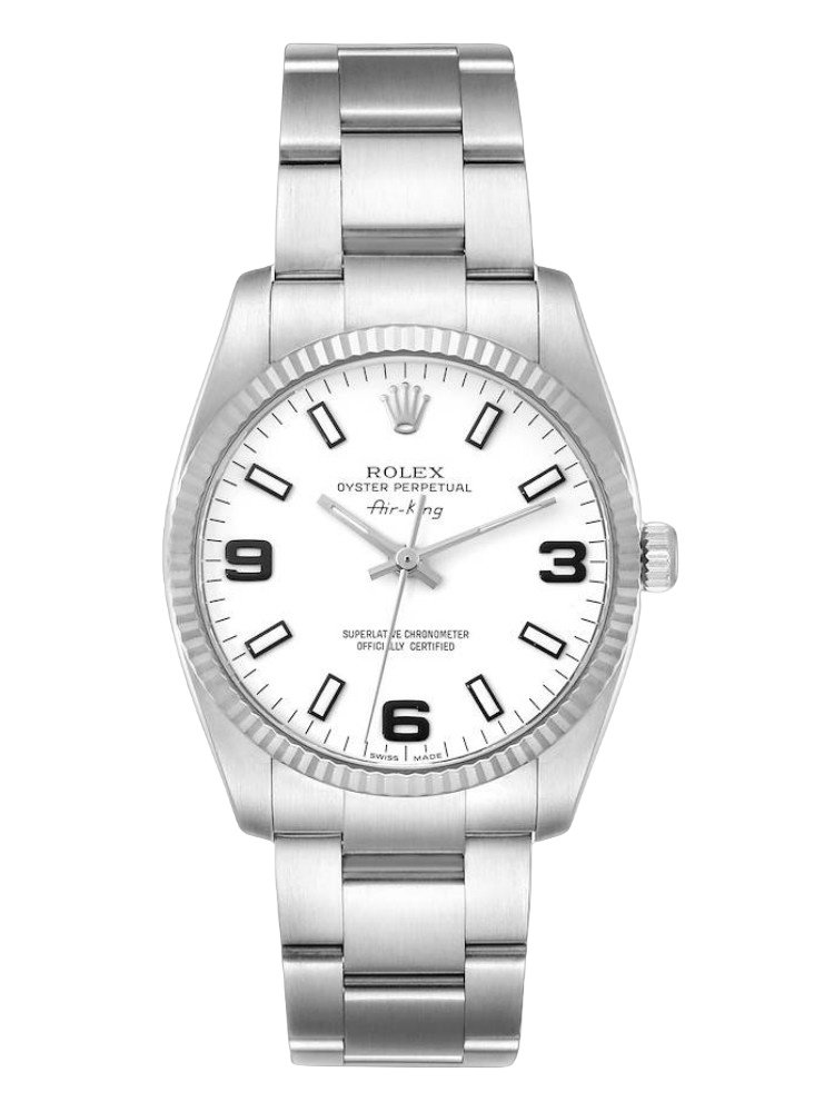 3809b66fa1bd707ffe286f02c92a8736e534f4a59e3fae990fe885a9fba6ba08.jpg Rolex Oyster Perpetual Air-King 114234 White Arabic Dial 34mm Unisex Watch - Image 1