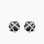 Cable Wrap Stud Earrings Sterling Silver with Black Onyx and Diamonds, 11mm