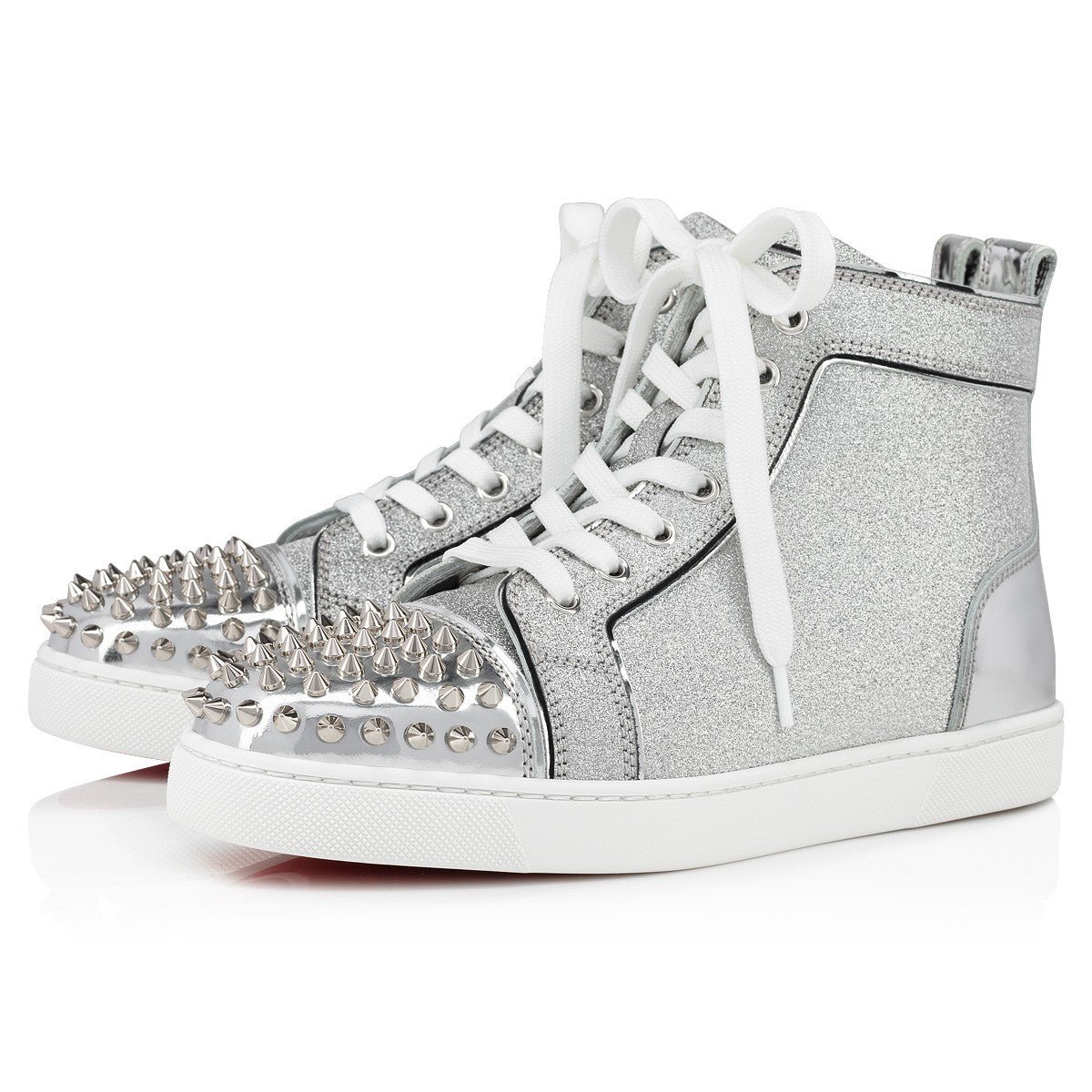 54a25b6af6ef4f76861cde7f4e9c81b0.jpg Lou Spikes High-top Sneakers Specchio Leather and Glittered Calf Leather Silver - Image 1