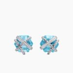 Cable Wrap Stud Earrings Sterling Silver with Blue Topaz and Diamonds, 11mm