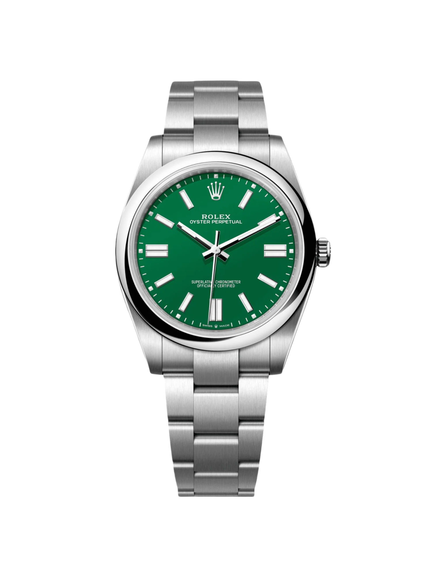 5984a5604c43362c70c8bcdd4015bbcd04731835c506cd4cbbf7dd94054bd4f2.png Rolex Oyster Perpetual 41mm 124300-0005 Green Index Dial & Smooth Bezel Oyster Bracelet Men’s Watch - Image 1
