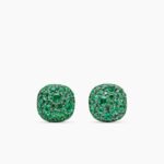 Cushion Stud Earrings 18K White Gold with Pavé Emeralds, 8mm