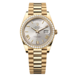 Rolex Day-Date 40mm Silver Roman Dial and Diamond Bezel Yellow Gold President Bracelet 228348RBR-0007
