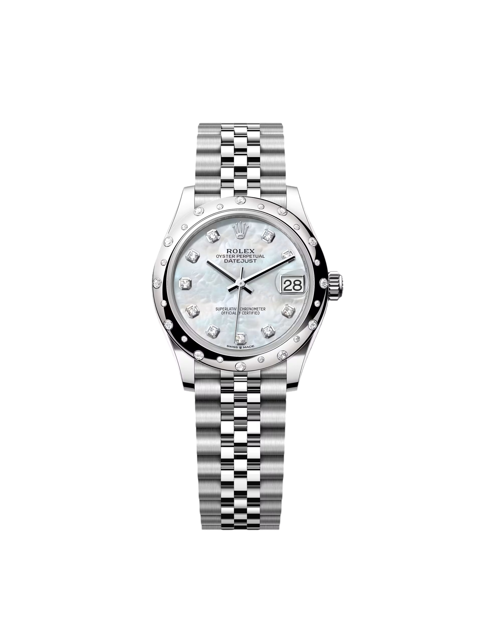 6477b542d6b247f3b861b66a5b6ff539d3ee356e3b10a0828b763002add3017a.png Rolex Datejust m278344-0005/0006 Mother-of-Pearl Dial 31mm Domed Diamond Oyster Watch - Image 1