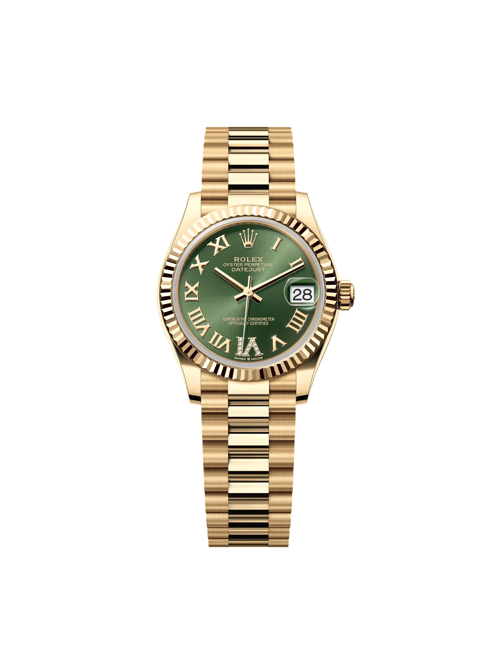 6bc01013a19adcc40af6e0ded90a4ffa13339507bcb7ca2664c9b4d6e2cf9bf8.png Rolex Datejust m278278-0030 Olive Green 31mm Dial President Bracelet Watch - Image 1