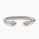 Classic Cable Bracelet Sterling Silver with 14K Yellow Gold Domes and Diamonds, 7mm