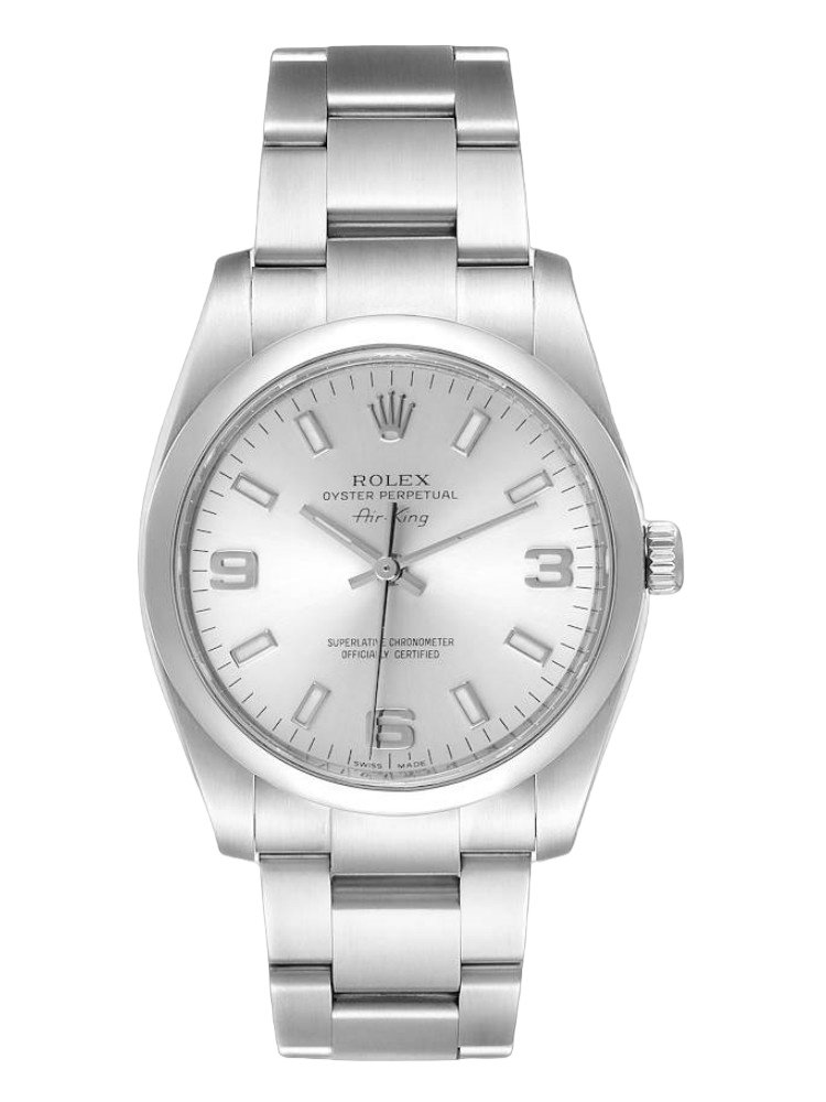 7ff80b978277c90fa437842776a2ff2a3b5aa570ab738d9bcabcd59a63e7c16c.jpg Rolex Oyster Perpetual Air-King 114200 Silver Arabic Dial 34mm Unisex Watch - Image 1