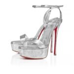 Loubi Queen Alta 150 mm Strappy Sandals Pumps Manoir Laminated Calf Leather Silver