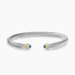Classic Cable Bracelet Sterling Silver with 14K Yellow Gold and Blue Topaz, 5mm