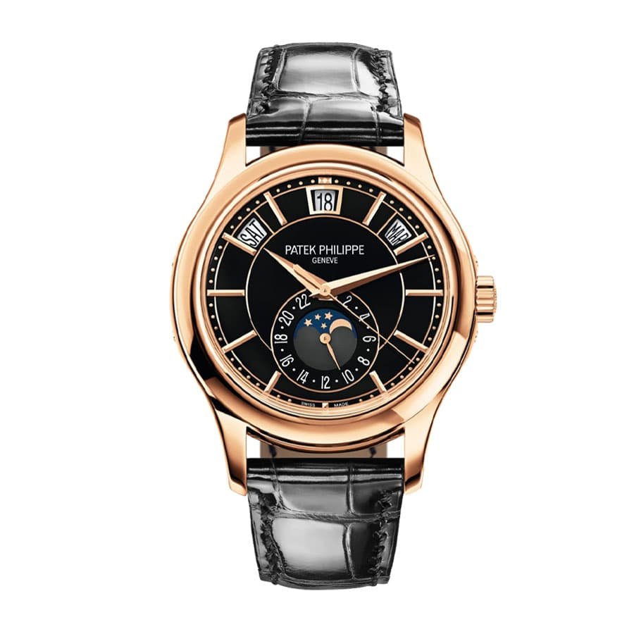 ecacd65949f3623c3653f69fc4549a922607aed1508feac82fcd1ae2ce26e29a.jpg Patek Leather Black 5205R-010 Replica - Image 1
