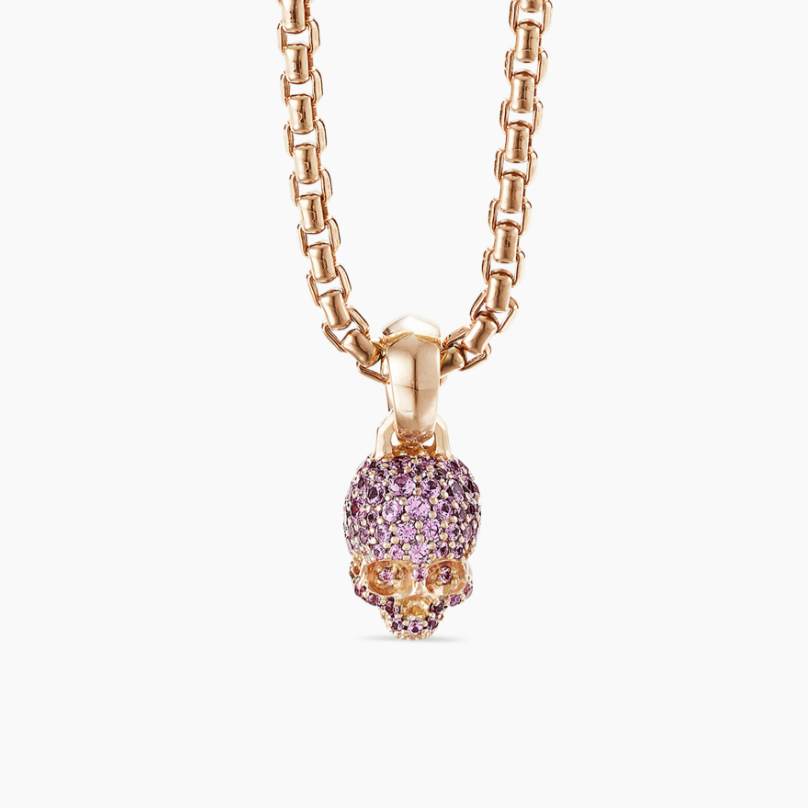 fc2fe0ec78d7baf6c2347ad980fb13ab-1.png Skull Amulet Full Pavé Purple Sapphires and 18K Rose Gold, 14mm - Image 1